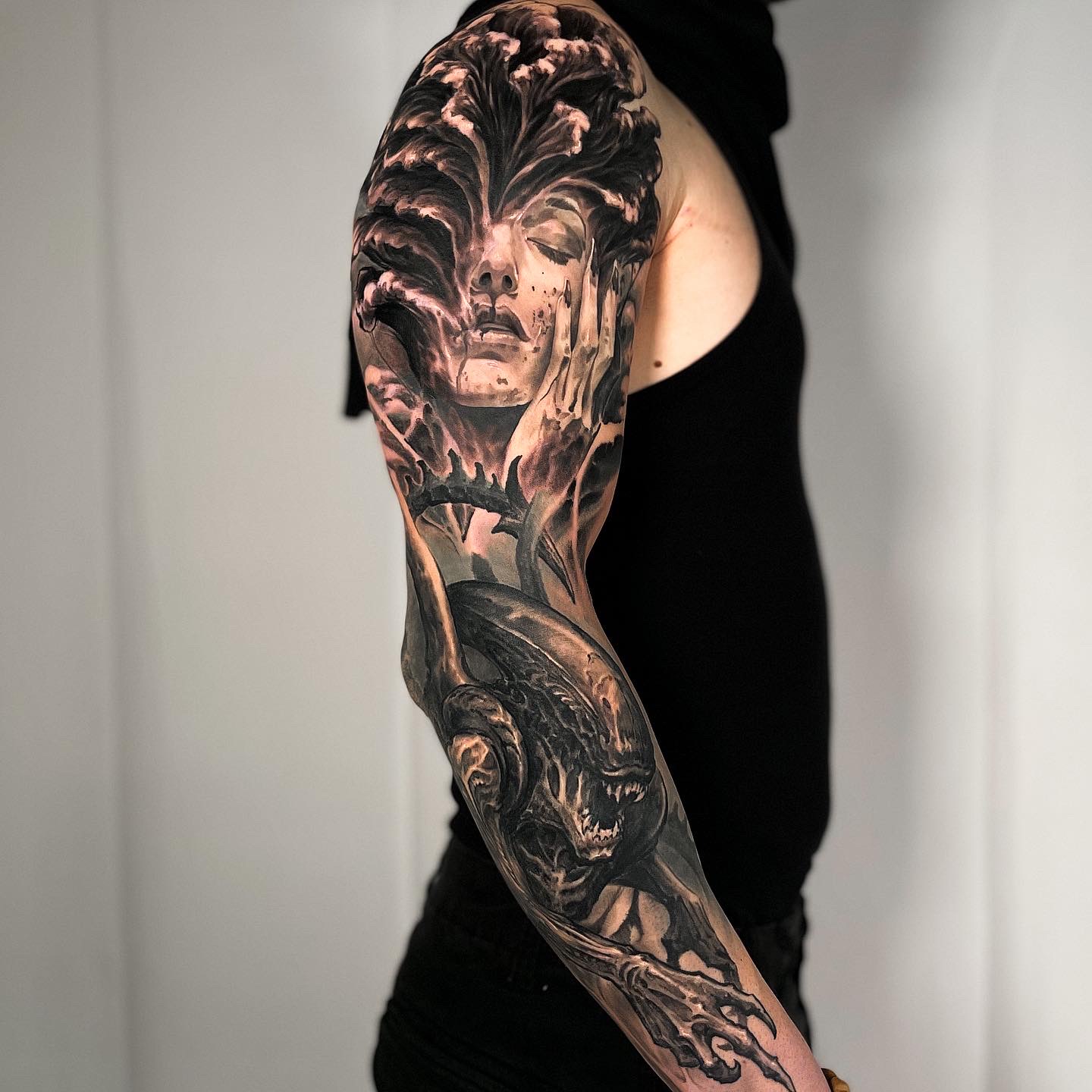 Dark fantasy full sleeve portrait tattoo by Andrew Stopay
